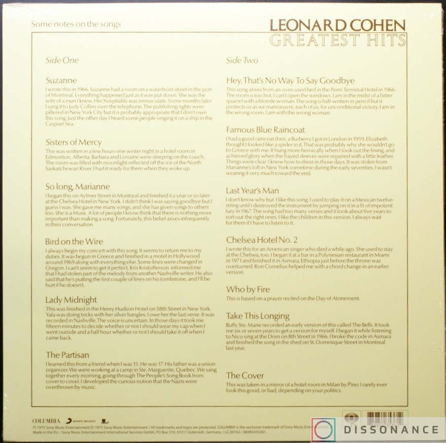 Виниловая пластинка Leonard Cohen - Leonard Cohen Greatest Hits (1975) - фото 1