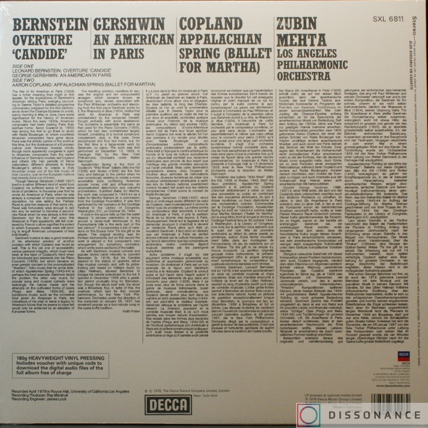 Виниловая пластинка Zubin Mehta - Overture 'Candide' / An American In Paris / Appalachian Spring (1976) - фото 1