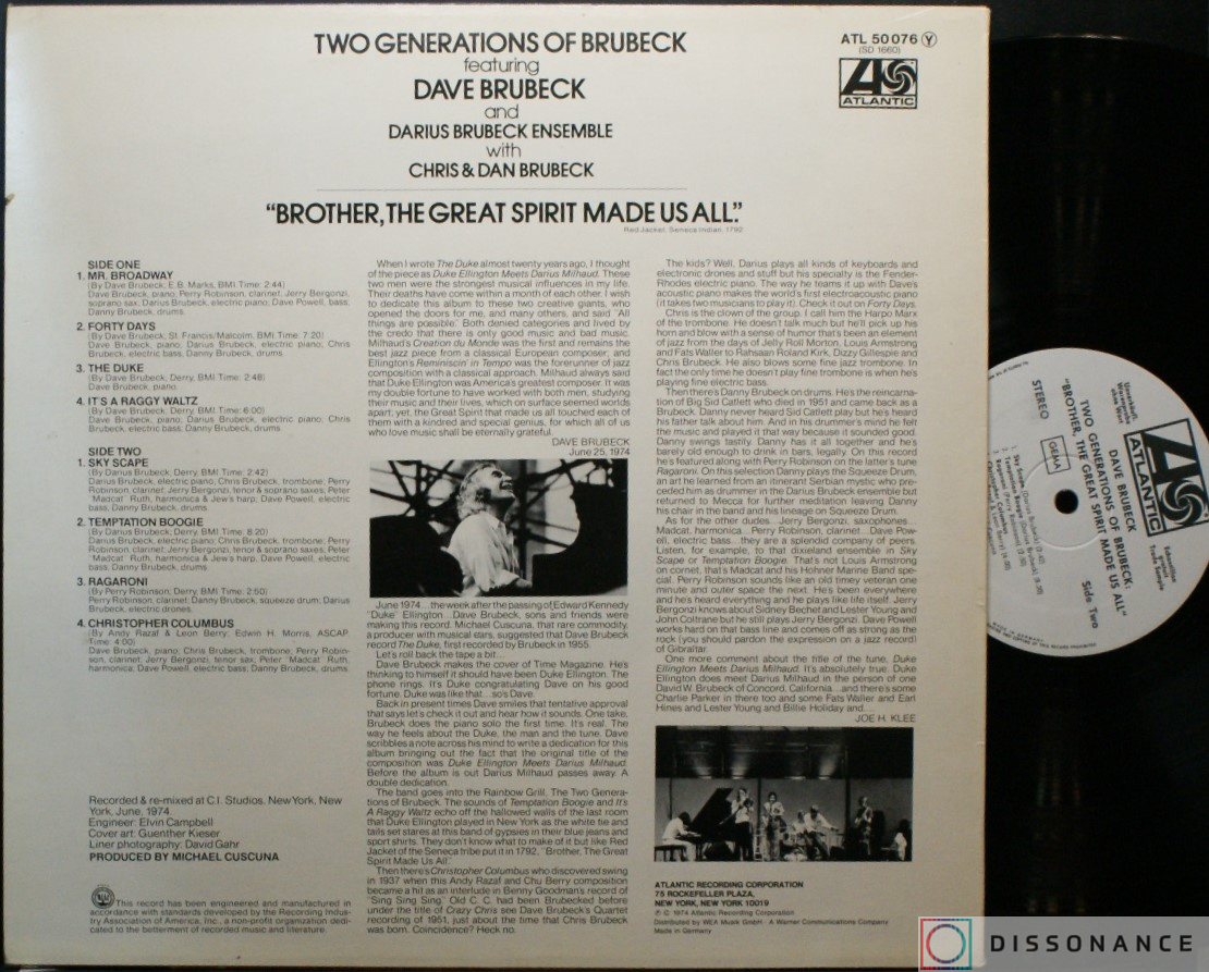 Виниловая пластинка Dave Brubeck - Two Generations Of Brubeck (1974) - фото 1