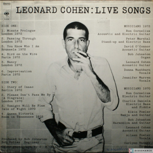 Виниловая пластинка Leonard Cohen - Live Songs (1973)