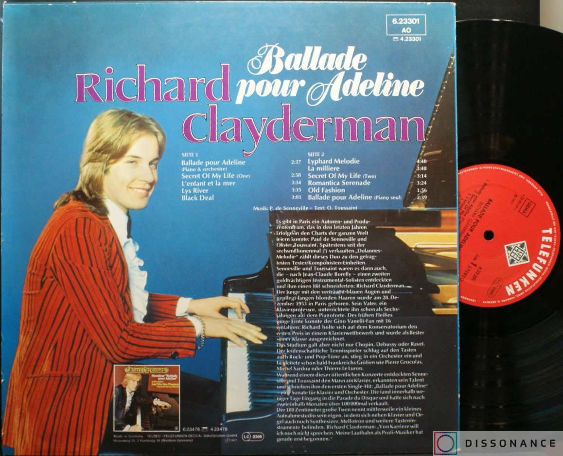 Виниловая пластинка Richard Clayderman - Ballade Pour Adeline (1977) - фото 1