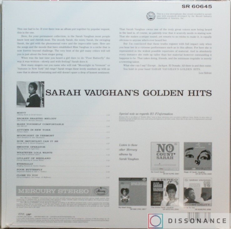 Виниловая пластинка Sarah Vaughan - Sarah Vaughan Golden Hits (1961) - фото 1