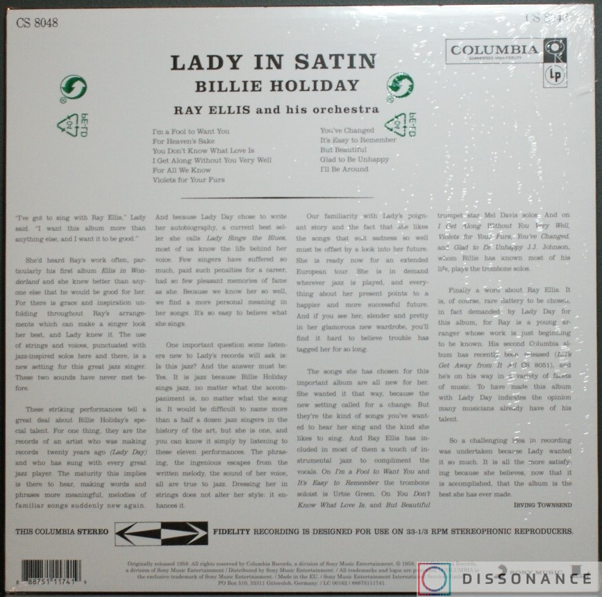 Виниловая пластинка Billie Holiday - Lady In Satin (1958) - фото 1