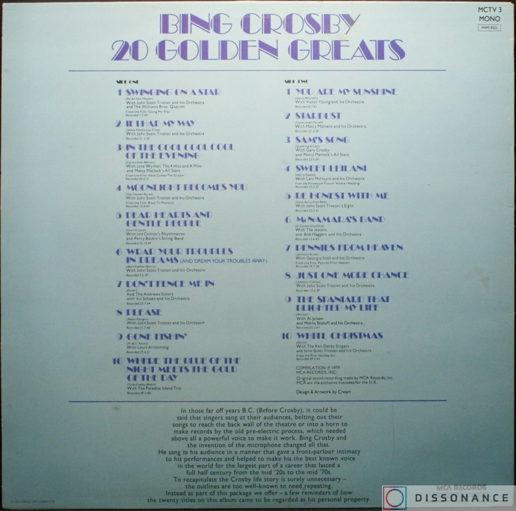 Виниловая пластинка Bing Crosby - 20 Golden Greats (1979) - фото 1