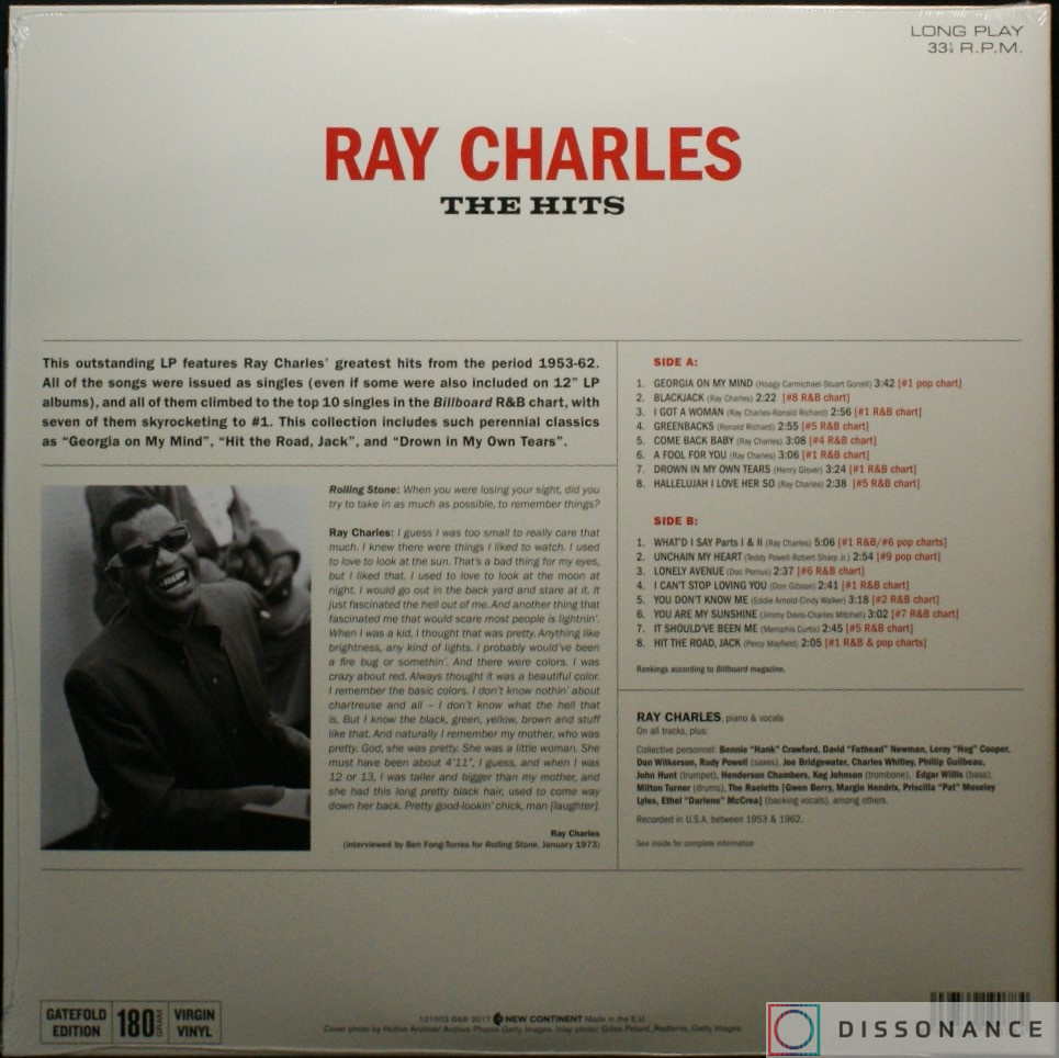 Виниловая пластинка Ray Charles - Ray Charles Hits (2017) - фото 1