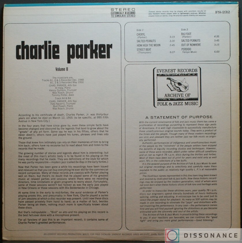 Виниловая пластинка Charlie Parker - Volume 2 (1960) - фото 1